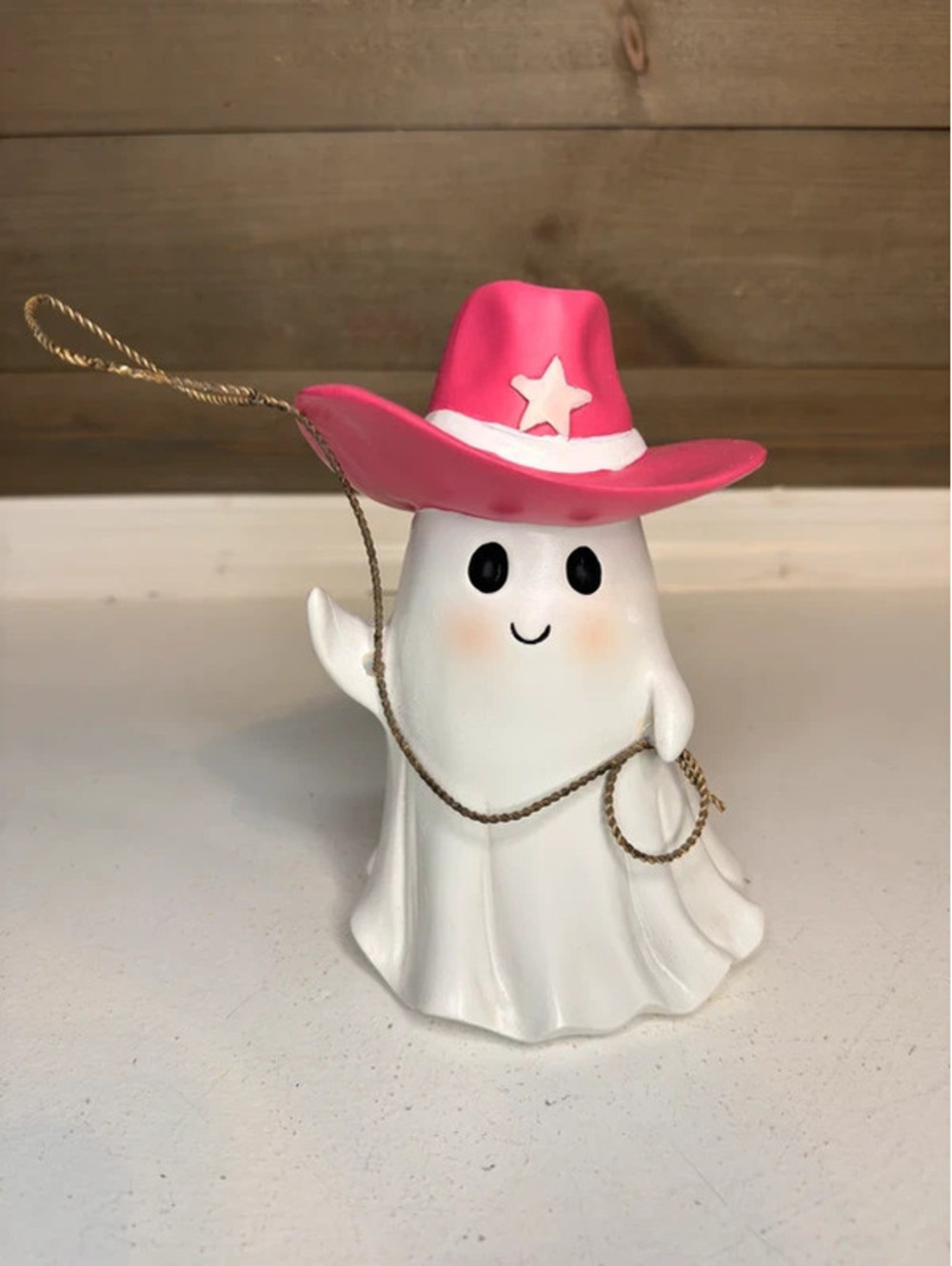 Halloween Cowboy Ghost Figurine with Lasso - Pink Cowboy Hat with Star